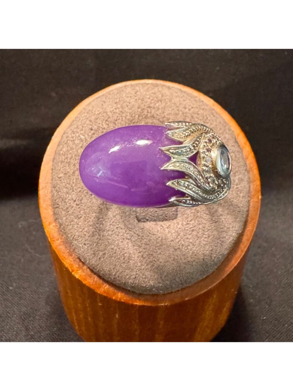 Sterling Silver 925 Purple Jade With Blue & White Accent Stone Ring Size 10.75
